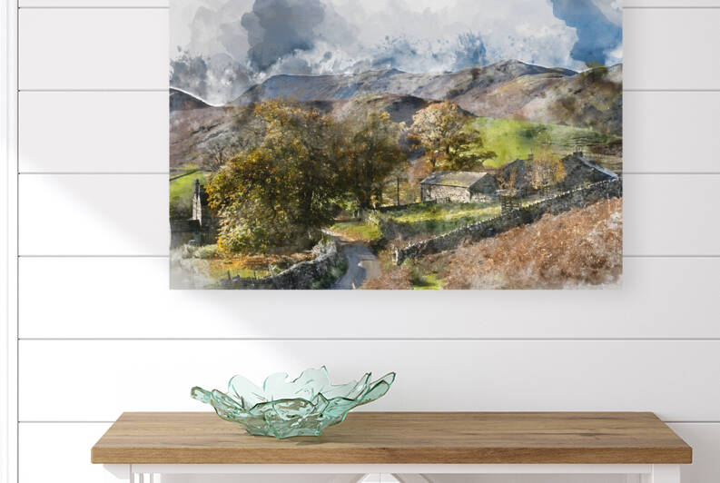Digital watercolor painting of Old derelict farm buildings in Au by Matthew Gibson