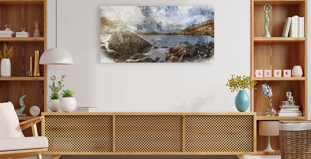 Digital watercolor painting of Beautiful moody landscape of Llyn by Matthew Gibson