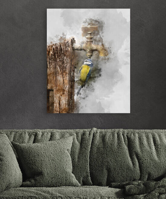 Image of Blue Tit bird Cyanistes Caeruleus on wooden post with r by Matthew Gibson
