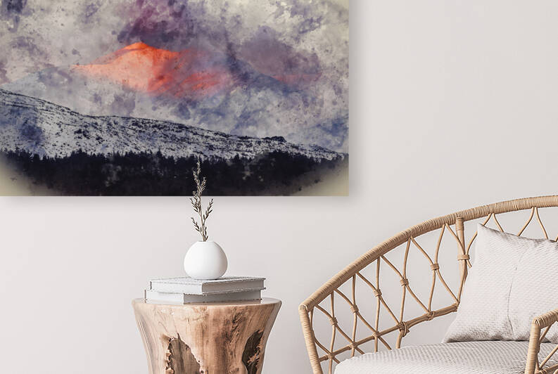 Digital watercolour painting of Majestic Alpen Glow hitting moun by Matthew Gibson