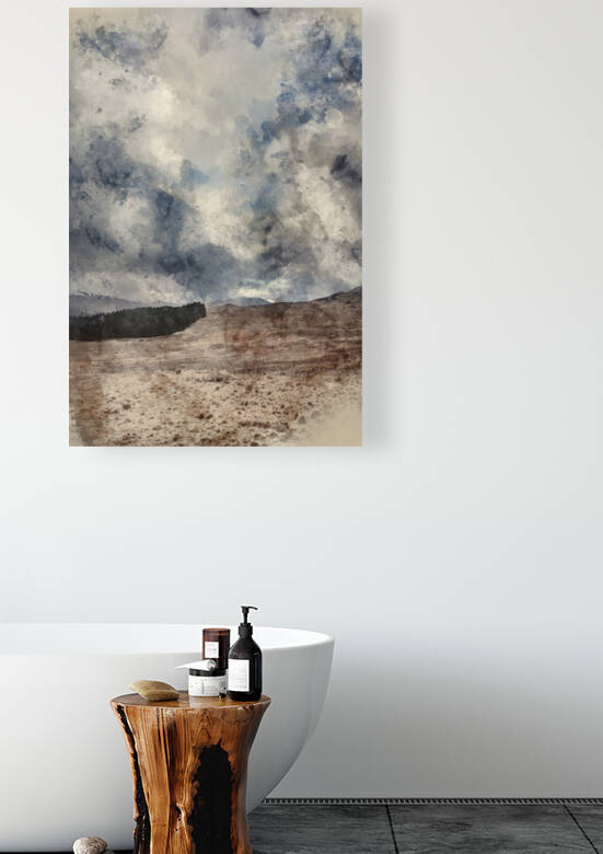 Digital watercolour painting of Winter dramatic stormy skies lan by Matthew Gibson