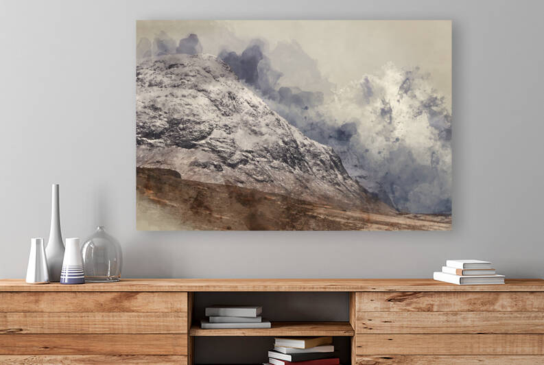 Digital watercolour painting of snowcapped mountains landscape i by Matthew Gibson