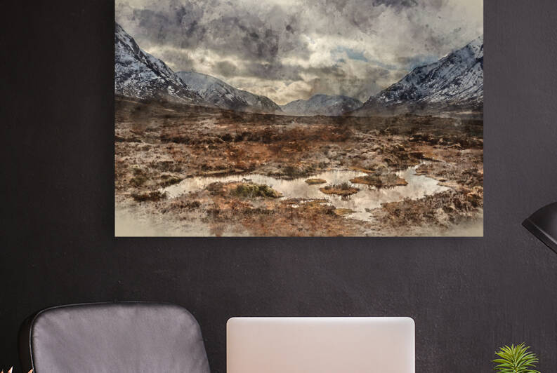 Digital watercolour painting of Majestic dramatic Winter sunset  by Matthew Gibson