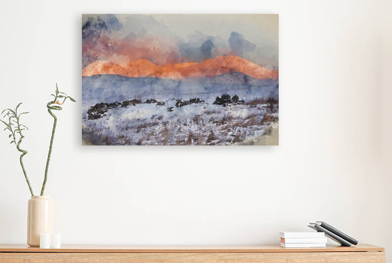 Digital watercolour painting of Majestic Alpen Glow hitting moun by Matthew Gibson