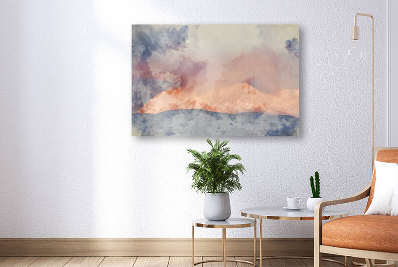 Digital watercolour painting of Majestic Alpen Glow hitting moun by Matthew Gibson
