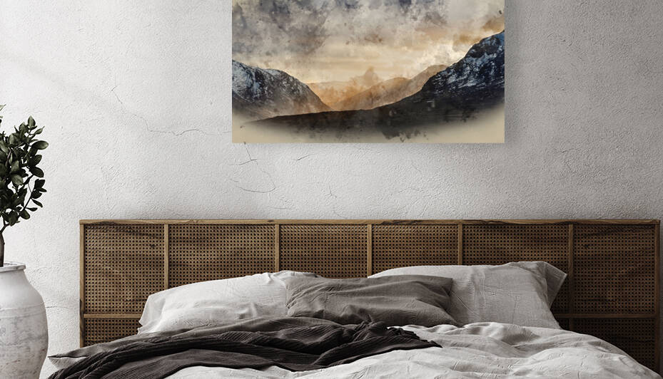 Digital watercolour painting of Majestic dramatic Winter sunset  by Matthew Gibson