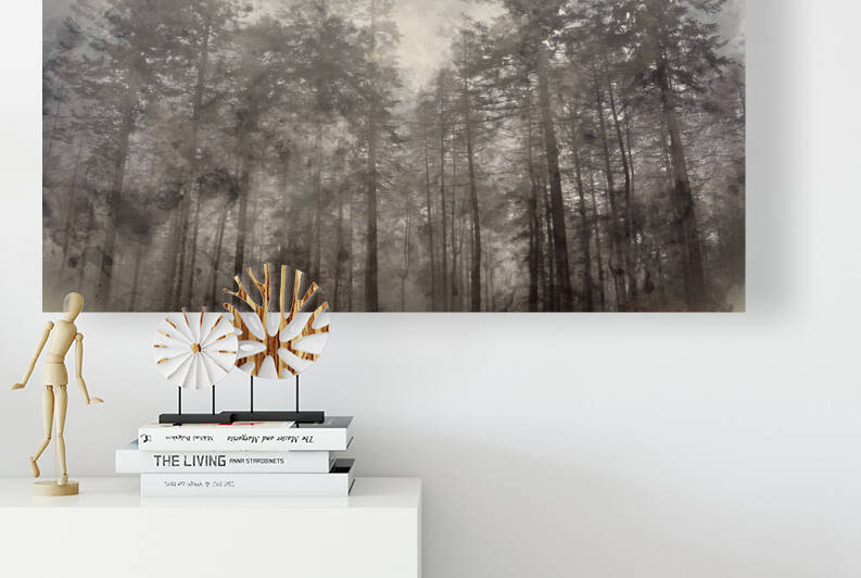 Digital watercolor painting of Moody and dramatic foggy woodland by Matthew Gibson