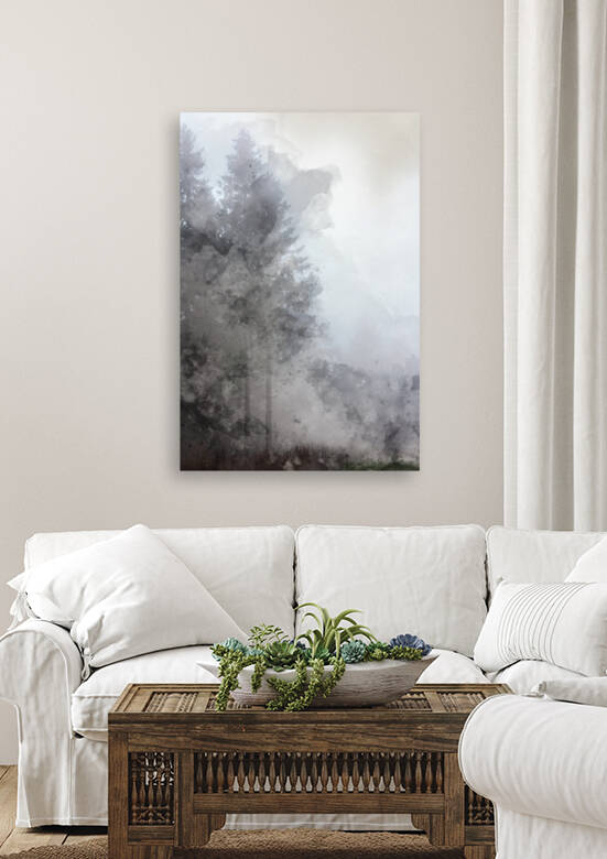 Digital watercolor painting of Moody and dramatic foggy woodland by Matthew Gibson
