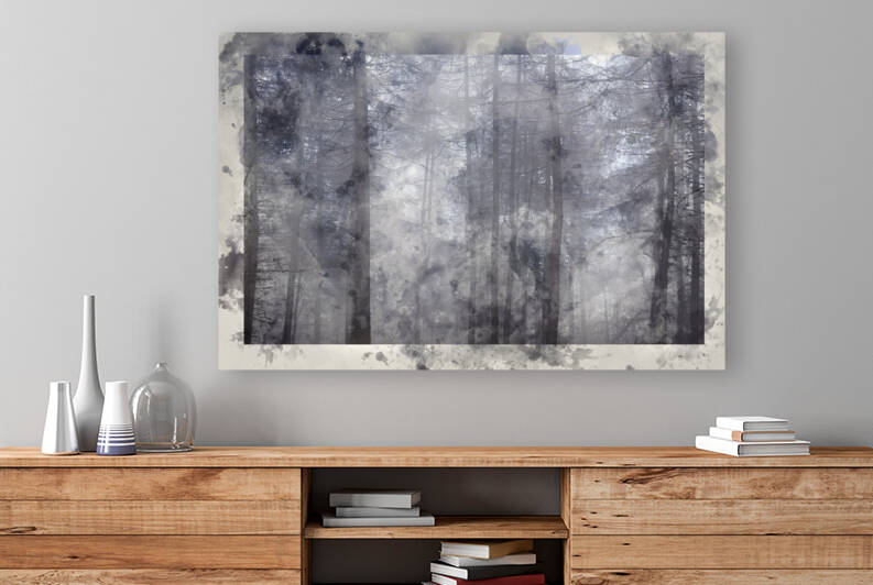 Digital watercolor painting of Moody and dramatic foggy woodland by Matthew Gibson