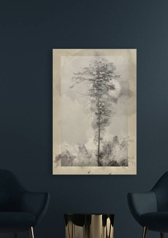 Digital watercolor painting of Moody and dramatic foggy woodland by Matthew Gibson