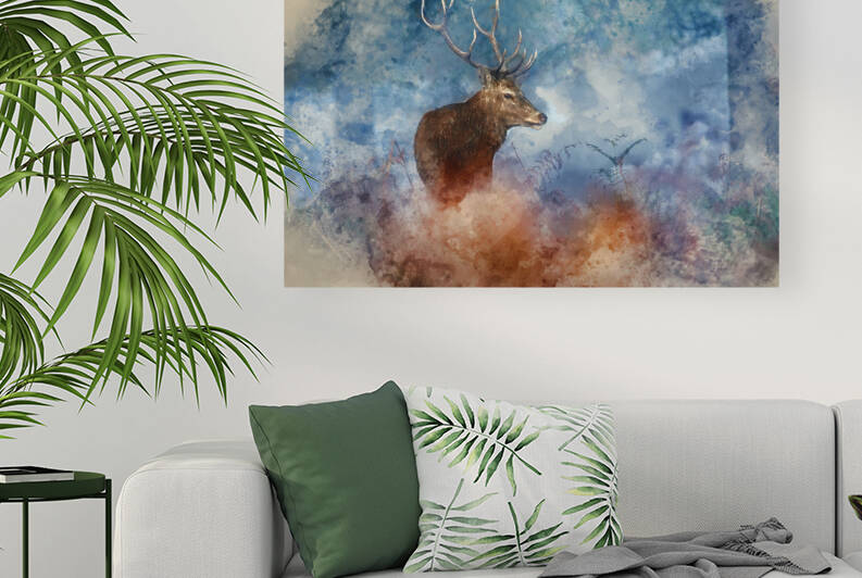 Digital watercolour painting of Stunning red deer stag Cervus El by Matthew Gibson
