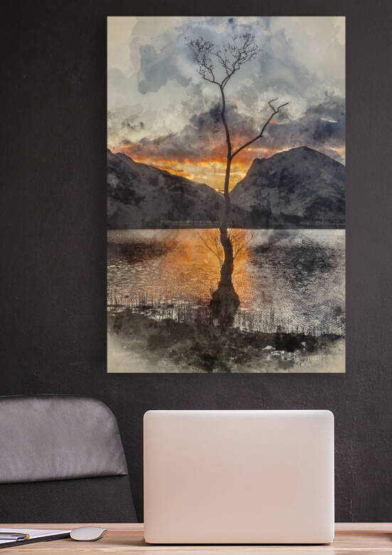 Digital watercolour painting of Beautiful moody Winter landscape by Matthew Gibson