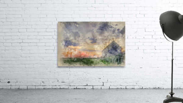 Digital watercolor painting of Old barn in landscape at sunset by ...