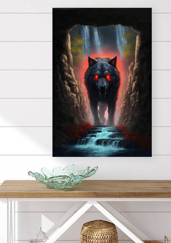 Abyssal Gate Wolf with Glowing Crimson Eyes and Falls by Aaron Potts