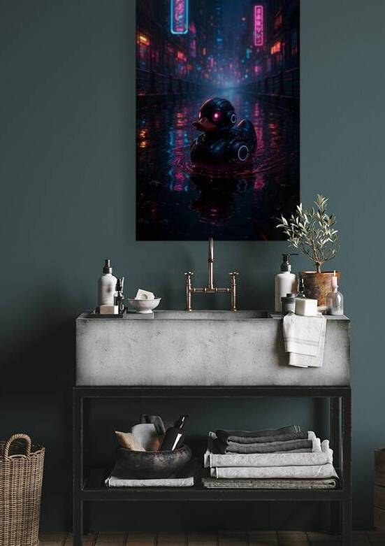 Neon Cyber Duck Drifting Through Rainy Night Streets by Aaron Potts