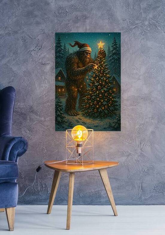 Bigfoot’s Cozy Cabin Christmas Tree under Falling Snow by Aaron Potts