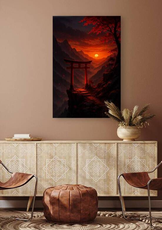 Crimson Sunset Torii Gate Above the Mountain Valleys by Aaron Potts