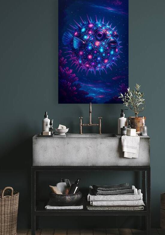 Radiant Chrome Cyberpunk Pufferfish of the Electric Neon Depths by Aaron Potts