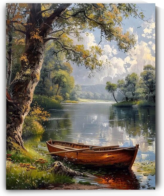 Tranquil Lakeside Scene with Wooden Rowboats – Serene Nature Painting by kinana omran