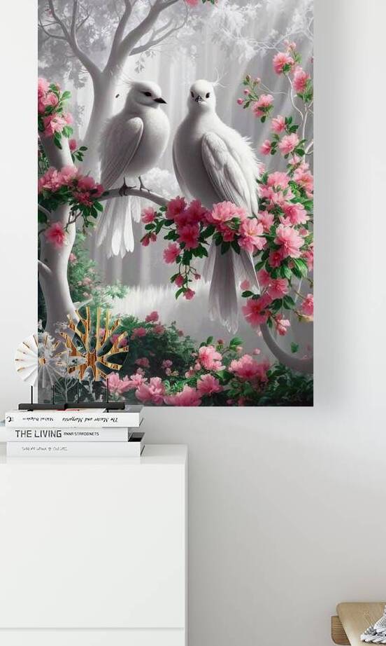 Two White Doves on Blossoming Branch – Ethereal Pink Flower Forest by kinana omran