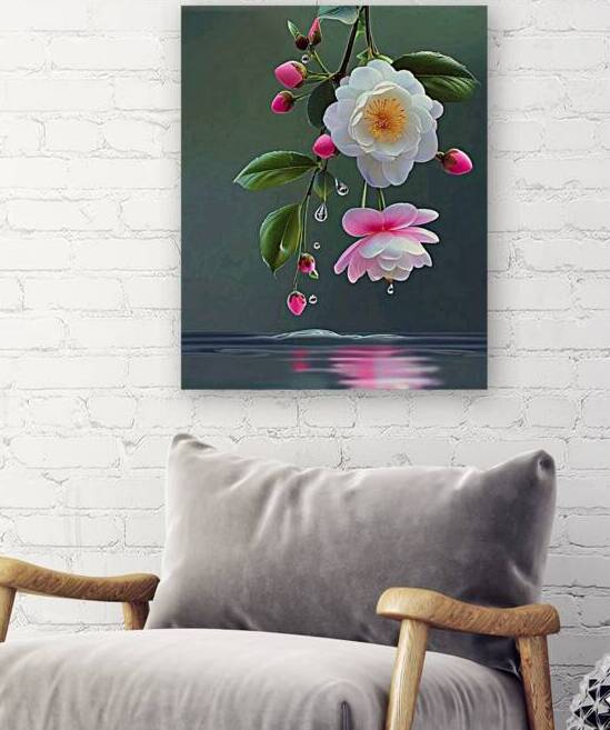 White Camellia & Pink Fuchsia Floral Duo with Dewdrops – Nature Close-Up by kinana omran