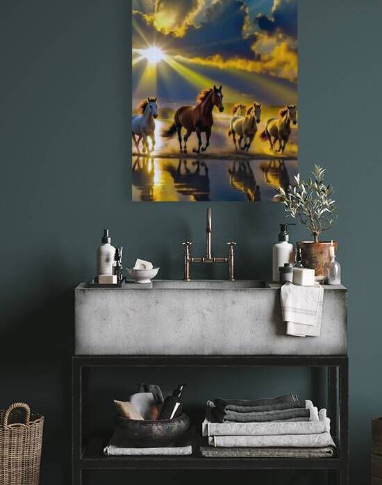 Majestic Horses Galloping Through Golden Water at Sunset – Freedom in Motion by kinana omran