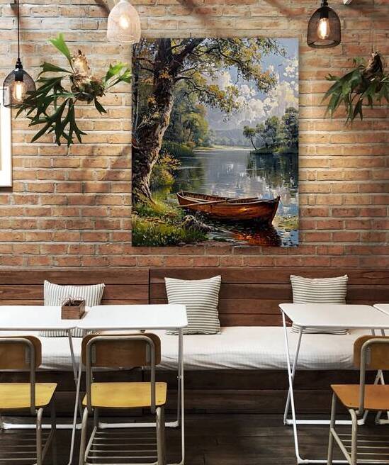 Tranquil Lakeside Scene with Wooden Rowboats – Serene Nature Painting by kinana omran