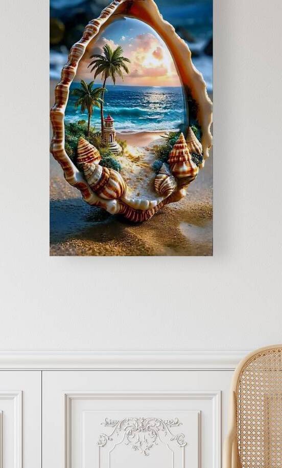 Surreal Beach View Through a Seashell – Tropical Sunset & Lighthouse Fantasy by kinana omran