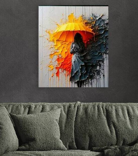 Woman with Umbrella – Bright and Dark Contrast in Colorful Painting by kinana omran