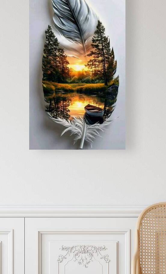 Feather Canvas Print – Sunset River Landscape with Metallic Detailing by kinana omran