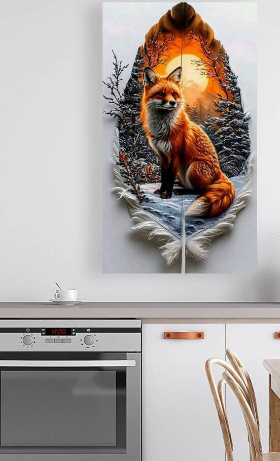 Fox in Winter Wonderland – Snowy Landscape Inside a Feather by kinana omran
