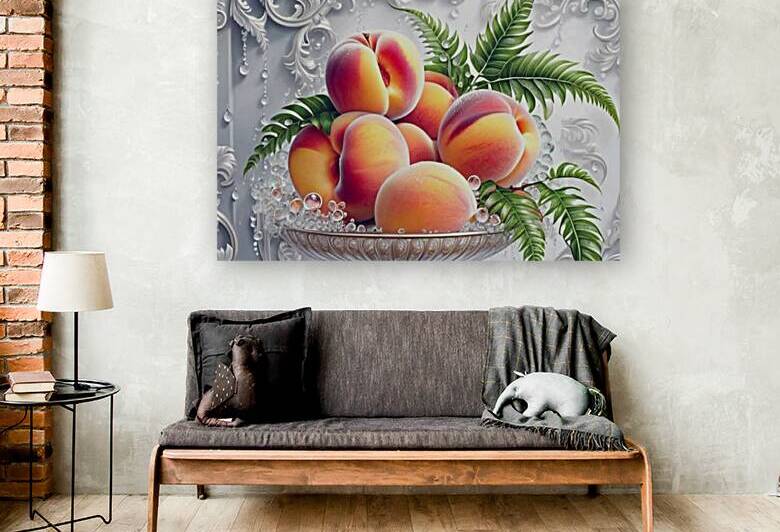 Vibrant Peach Still Life – Bowl with Ferns & Ornate Background by kinana omran
