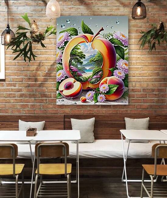 Surreal Peach Window – Tropical Beach & Floral Fantasy in Vibrant Art by kinana omran