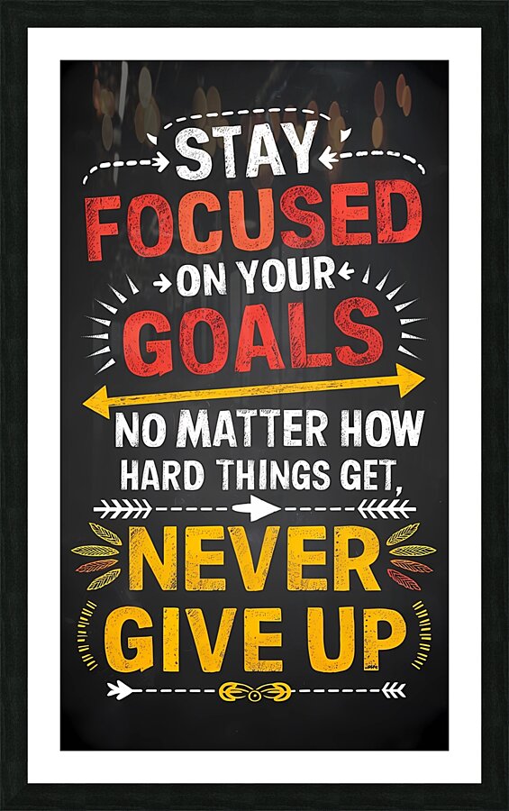 STAY  FOCUSED ON YOUR GOALS. No MATTER HOW HARD THINGS GET NEVER GIVE UP. Picture Frame print