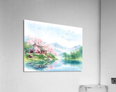Tranquil Japanese Garden with Cherry Blossoms and Mountain Lake Acrylic Print