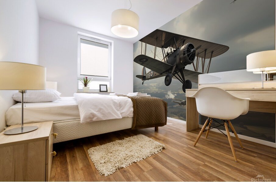 Vintage World War II Biplane Squadron in Flight Mural print