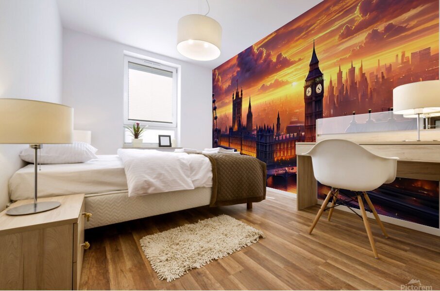 Stunning Sunset Over London – Big Ben & Thames River in Golden Light Mural print