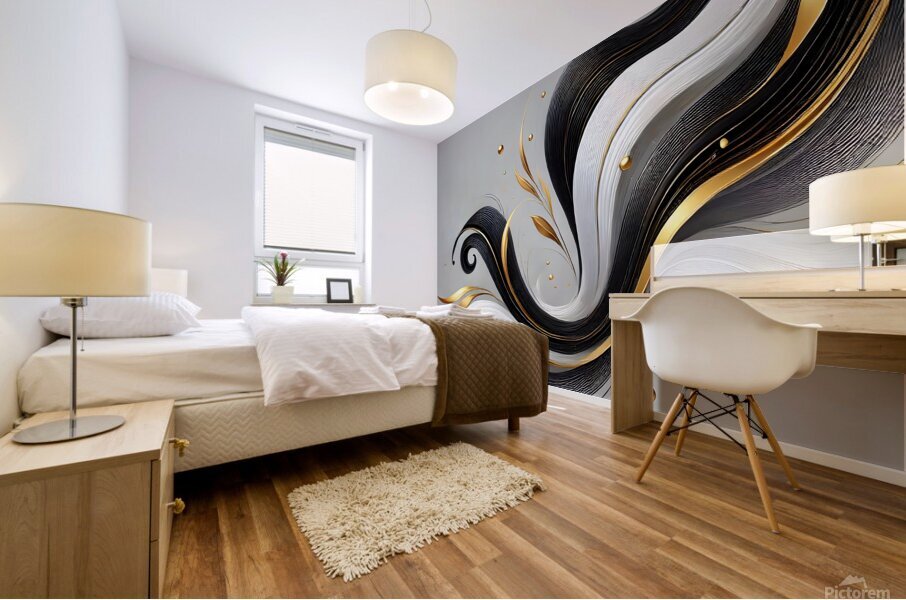 Elegant Abstract Fluid Art – Black White & Gold Flowing Design Mural print