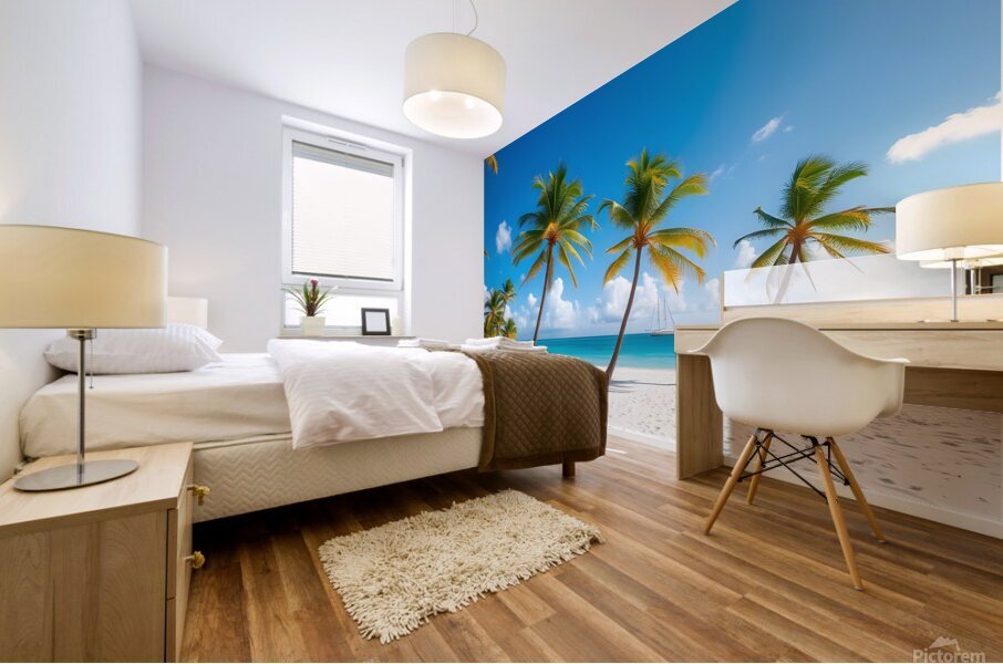 Tropical Paradise: White Sand Beach with Swaying Palm Trees and Yachts Mural print