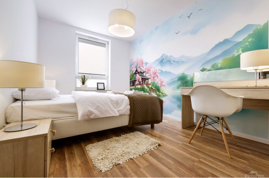 Tranquil Japanese Garden with Cherry Blossoms and Mountain Lake Mural print
