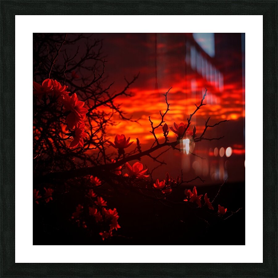 Dramatic Sunset with Glowing Red Flowers and Dark Silhouetted Branches Picture Frame print