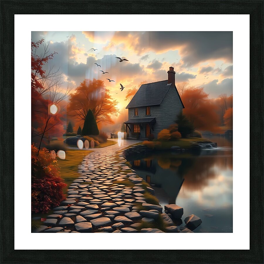 Idyllic Autumn Cottage by the Stream – Dreamlike Sunset Landscape Picture Frame print