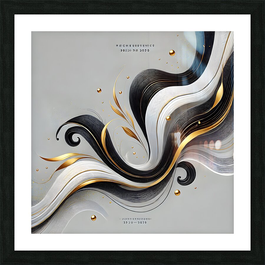 Elegant Abstract Fluid Art – Black White & Gold Flowing Design Picture Frame print