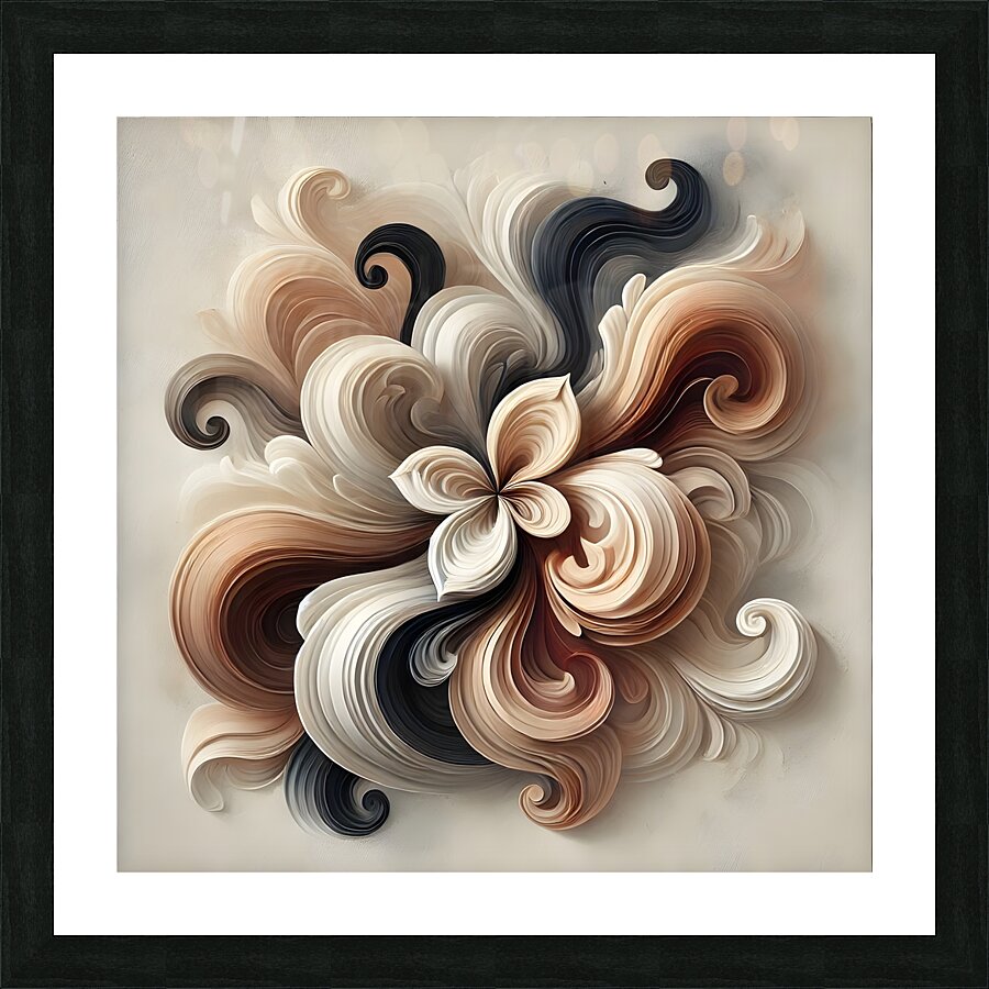Elegant Abstract Floral Painting – Beige Brown & Black Swirling Artwork Picture Frame print