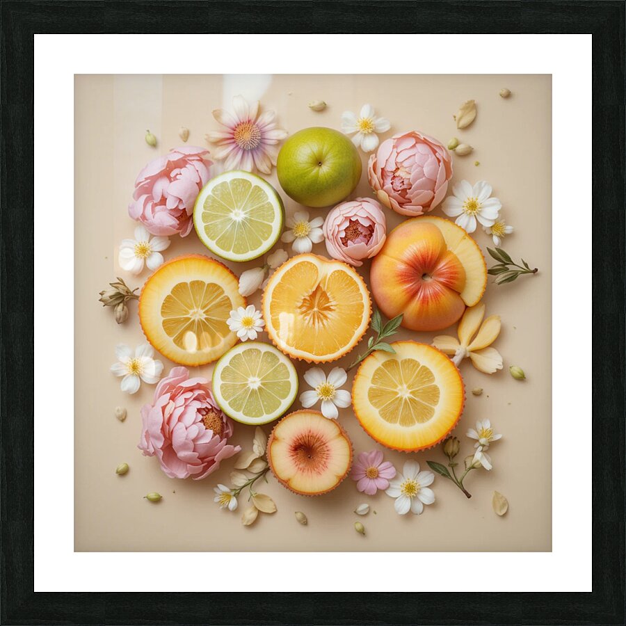 Vibrant Citrus and Floral Flat Lay – Aesthetic Fruit and Flowers Composition Picture Frame print