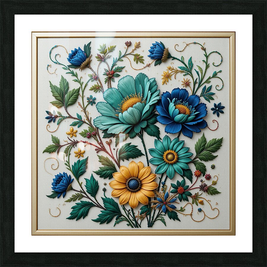 Exquisite Hand-Embroidered Floral Artwork – Vibrant Botanical Textile Art Picture Frame print