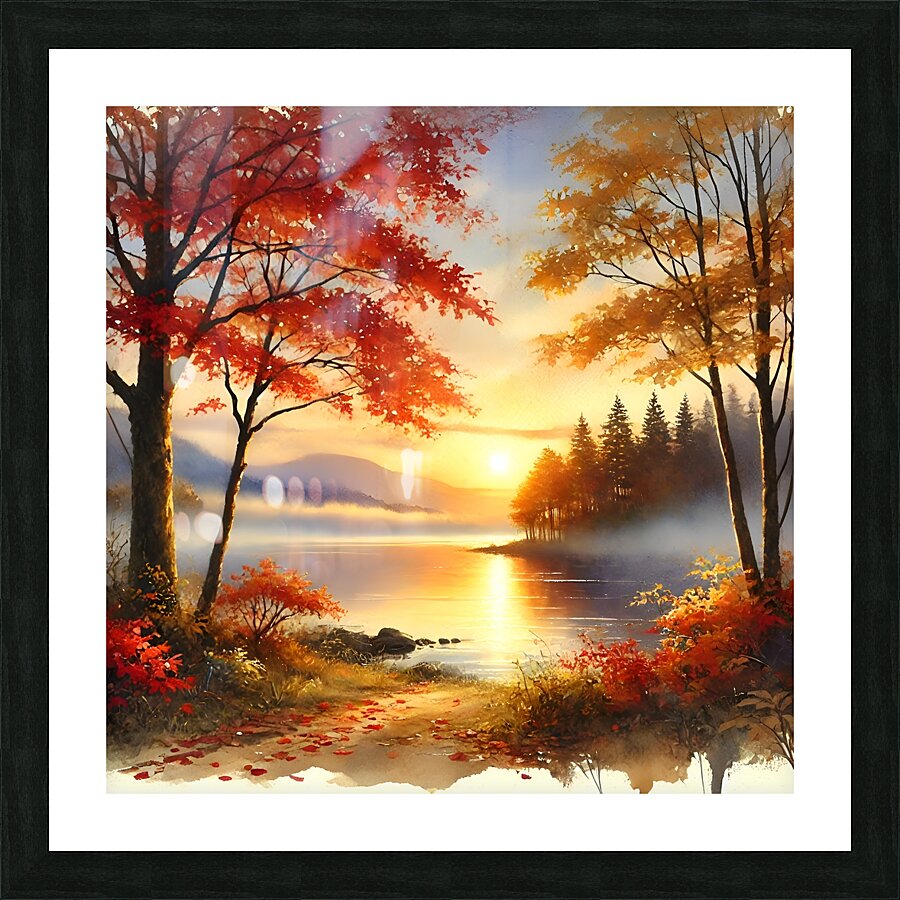 Tranquil Autumn Sunrise Over a Misty Lake Picture Frame print