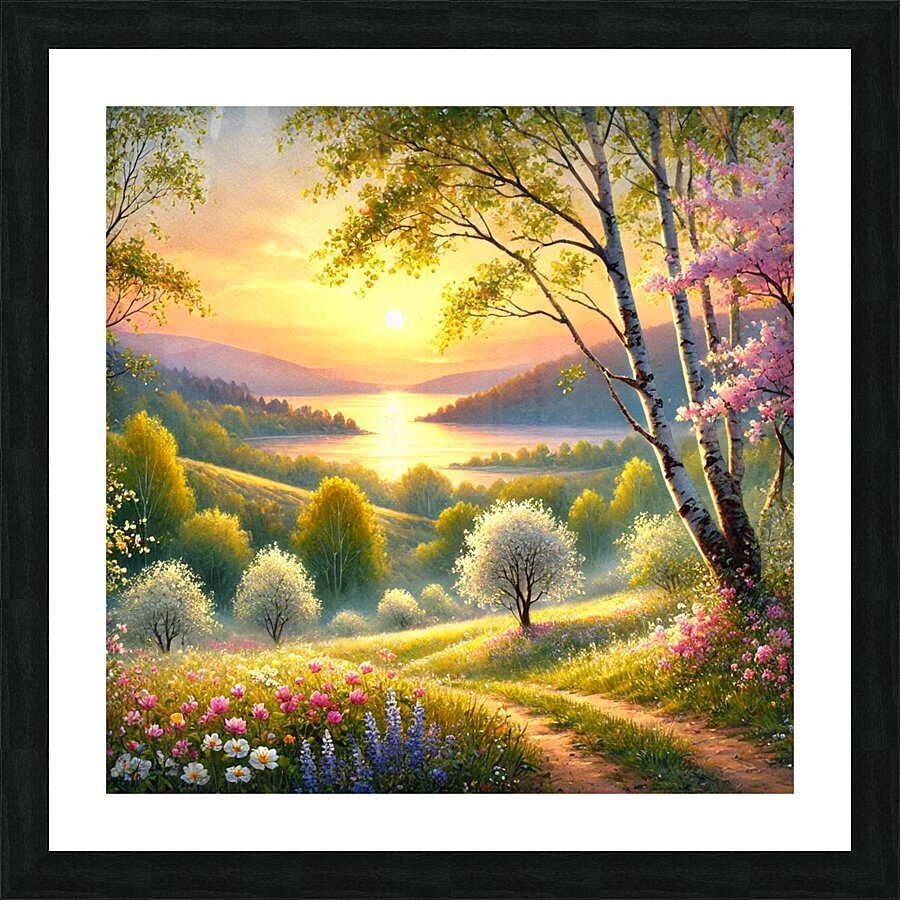 Serene Spring Sunset Over a Blooming Landscape Picture Frame print