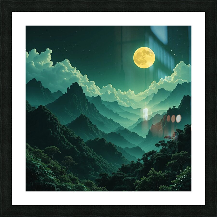 Mystical Full Moon Over a Majestic Mountain Landscape at Night Picture Frame print
