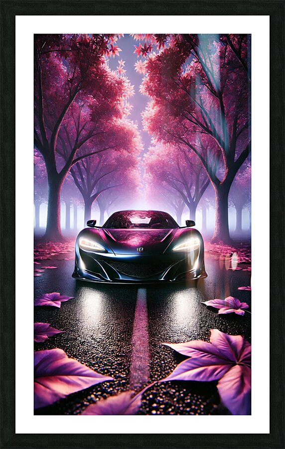 Luxury Supercar in a Dreamy Pink Forest – Stunning Night Drive Picture Frame print